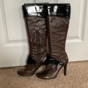 Nine West zippered heeled boots. Brown leather with black patent accents.